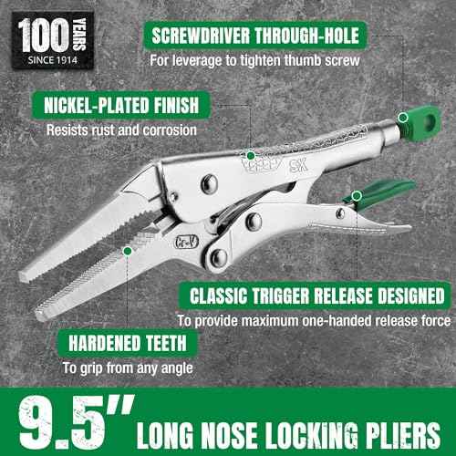 SK 9.5" Long Nose Locking Pliers, Premium CR-V Construction, Ergonomic Anti-slip Handle, Ideal for Welding or Assembly