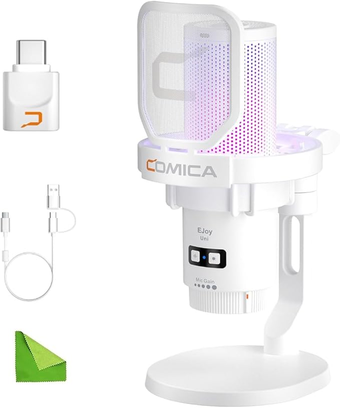 COMICA Wireless USB Microphone for Computer and Smartphone,48kHz/24bit RGB Cardioid Condenser Gaming Mic for Podcasting,Streaming,Recording,with Desktop Stand-White(EJoy Uni Pro D)