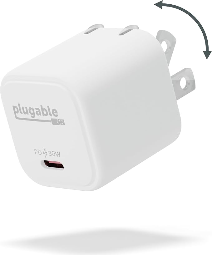 Plugable 30W USB-C GaN Charger – MagSafe-Compatible Fast Charging for iPhone iPad Galaxy &amp USB-C Devices – IT Deployment Business Travel &amp Remote Teams – White
