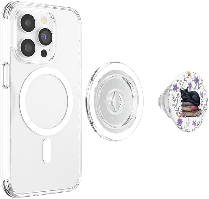 Reading Cat Purple Flower Floral Book Lover Librarian PopSockets PopGrip for MagSafe