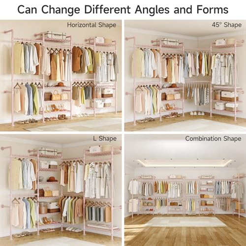 ONBRILL H4 Wall Mounted Closet System, Expandable Industrial Pipe Clothes Rack Clothing Rack for Hanging Clothes, Heavy Duty Closet Organizers and Storage in Wardrobe Closet - color: Pink