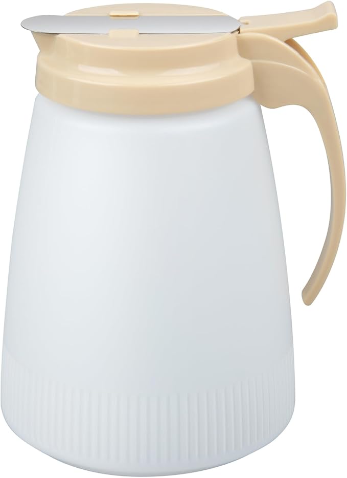 Restaurantware-Chef 101 48 Ounce All Purpose Syrup Dispenser, 1 Honey Dispenser - Beige Top, Stainless Steel Slide Cover, Plastic Pancake Syrup Bottle, Perfect For Diners, Restaurants, Home