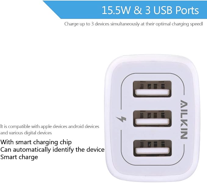 Wall Charger AILKIN 3.1A MultiPort Fast Charger Plug Travel Home Power Adapter Quick Charging Block Base Boxed for iPhone 15 14 13 12 11 10 8 7 Pro Max Mini Samsung Galaxy Pixel Kindle USB Brick