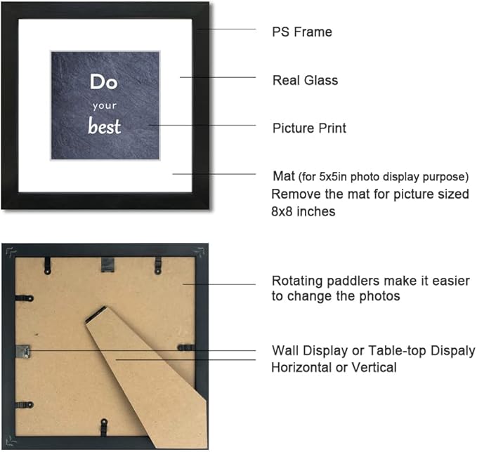 8x8 Picture Frame Set of 3 with Real Glass for Pictures 5x5 with Mat or 8x8 Without Mat, Wall Gallery or Tabletop display Photo Frames in Black