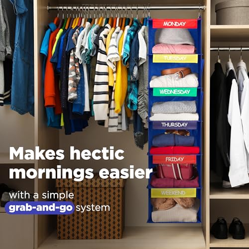 Handy Laundry Hanging Clothes Organizer for Kids - 6-Shelf Closet Daily Clothing Organization Labeled Shelves with Days of The Week Monday Through Friday, Weekday and Weekend (Blue) - color: Blue