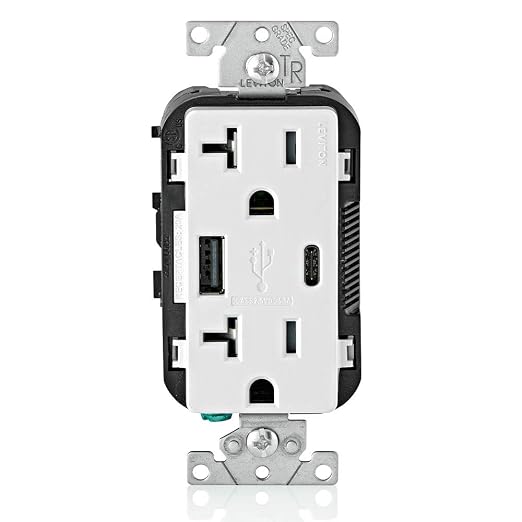 Leviton Type A &amp Type-C USB In-Wall Charger with 20A Tamper-Resistant Outlet USB Charger for Smartphones and Tablets. Not for Laptops T5833-E Black