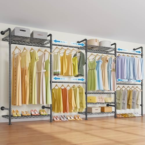 Timate F4 Wall Mounted Clothes Rack Industrial Pipe Clothing Rack for Hanging Clothes, Expandable Garment Rack Heavy Duty Wardrobe Closet Organizer and Storage, Black Adjustable Industrial Closet Kit - color: Black