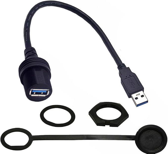 USB 3.0 Flush Mount Cable 1ft Male to Female Extension Dashboard Panel Adapter Extender Cord for Car Truck Boat Motorcycle