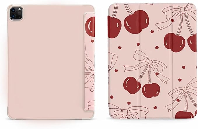 iPad Pink Case for iPad Pro Generation 11Inch 2018/2020/2021/2022 with Pencil Holder-[Auto Wake/Sleep] Trifold Stand Soft TPU Protective Cover Cute Cherry Bow