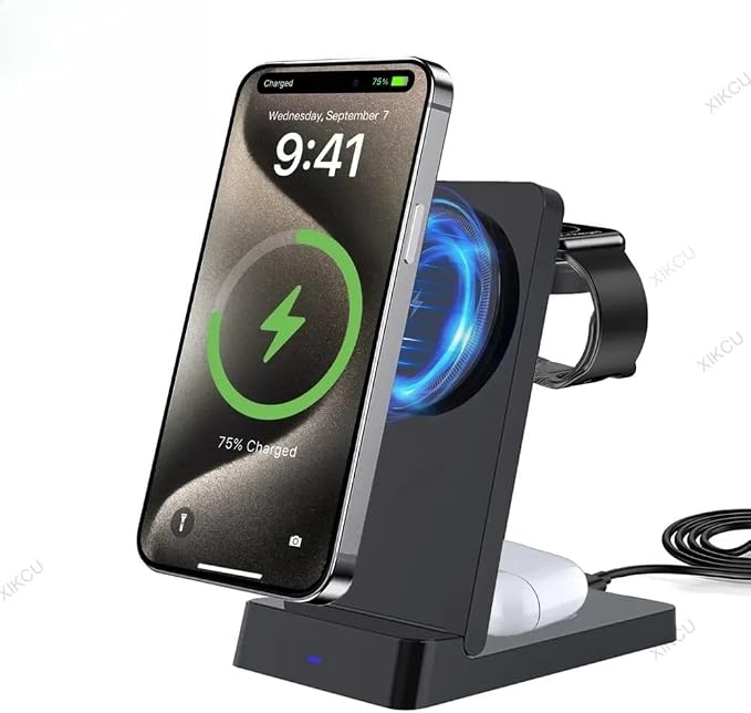 Desk Magnetic 3 in 1 Wireless Charger Stand for Magsafe iPhone 17 16 15 14 13 12 Pro Max iWatch 9~2 SE Airpods Pro Fast Charging (Black)