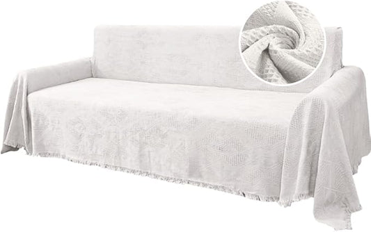 H.VERSAILTEX Cotton Sofa Covers Couch Cover Sofa Slipcover for Most Shape Sofas, Feature Thick Woven Jacquard Seamless with Tassels, Multi-Use Decorative for Couch (X-Large: 71" x 118", White)