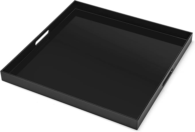 16×16 inches Oversized Black Acrylic Ottoman Tray Extra Large Decorative Tray Spill-Proof Serving Trays with Handles King-Size Safe Edge Organizer for Coffee Table Countertop Breakfast