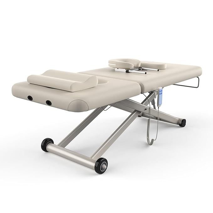 Heavy Duty Electric Massage Table, Electric Lift and Electric Backrest 2 Motor Adjustable for Treatment / Medical Spa / Facial Bed / Beauty Bed / Massage Bed and More - 32 Wide x 75 Long, Beige Gray