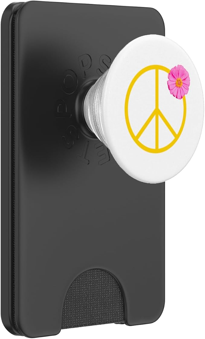 Pretty Pink Flower on Yellow Peace Sign PopSockets Adhesive PopGrip