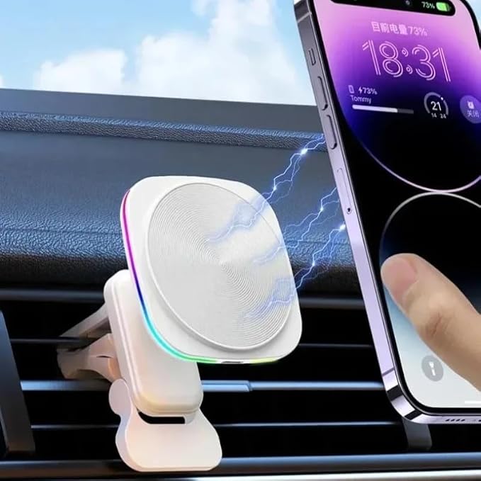 RGB LED Magnetic Wireless Charger Car Phone Holder Stand Car Mount for iPhone 17 16 15 14 16 12 Pro Max Car Fast Charging Station (White with Cable)