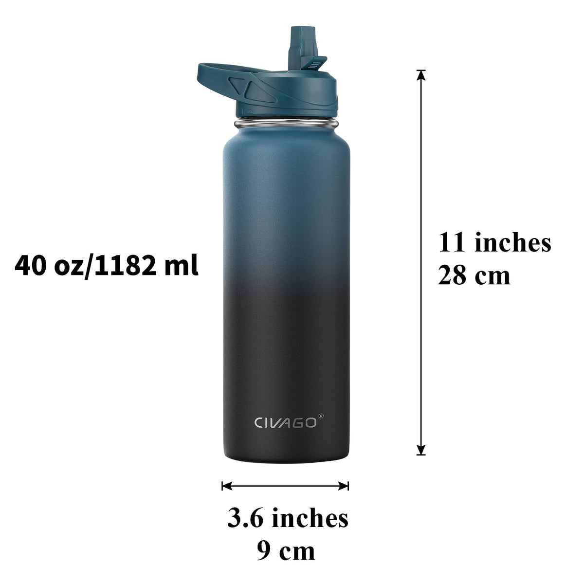 CIVAGO 40 oz Insulated Stainless Steel Water Bottle With Straw and 3 Lids