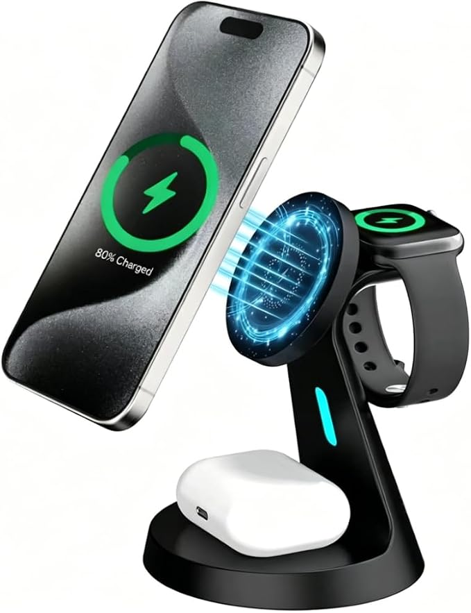 Desktop 3-in-1 Travel Magnetic Wireless Charger Dock for Magsafe iPhone 17 16 15 14 13 12 Apple Watch 11-2 Airpods Pro 3/2 Fast Charging (Black)