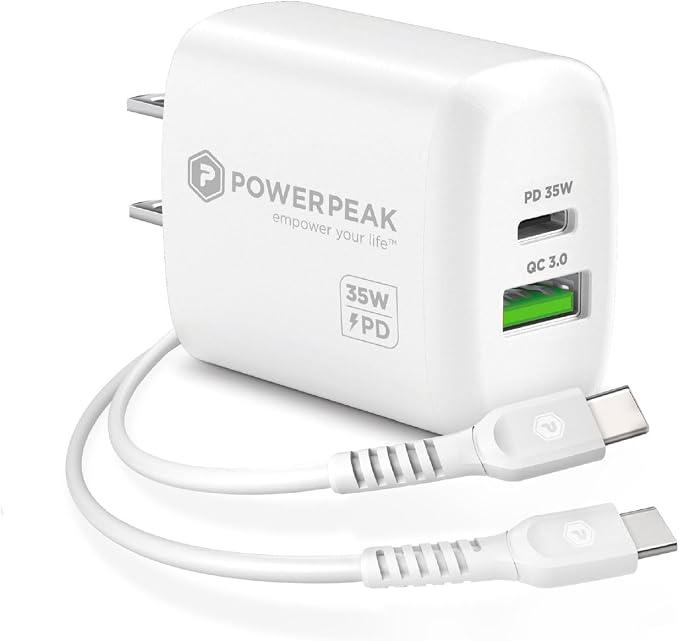35W Super Fast Charger Dual Port Charger 1 USB-C and 1 USB-A Ports Type C and Type A 6ft. (1.8m) Cable C-C Included | White