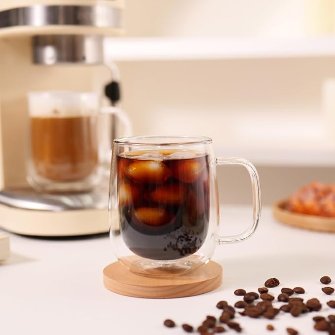 CNGLASS Glass Coffee Mugs 12oz,Double Wall Insulated Mug Set with Handle,Clear Glass Espresso Mugs for Latte,Cappuccino,Tea Bag,Hot and Cold Beverages,Set of 2