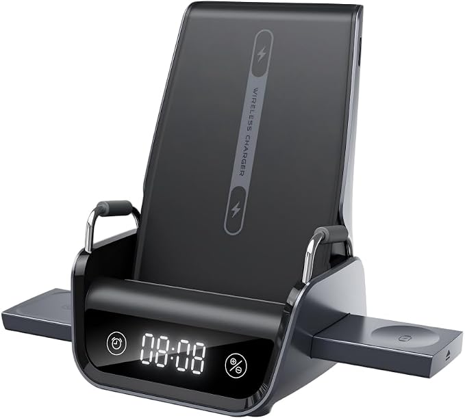 4 in 1 Wireless Charging Stand with Digital Clock 22.5W Fast Wireless Charger Station for iPhone Apple Watch &amp AirPods