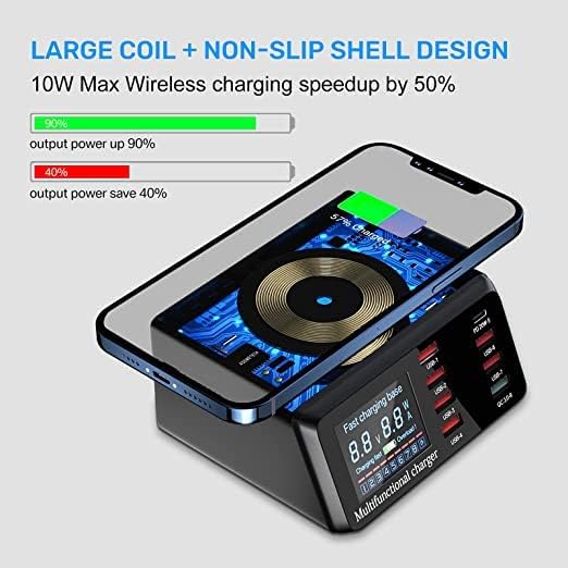 USB Charger Hub ASOMETECH 100W 8-Port Desktop Multiple USB Charging Station with PD Port, Quick Charge 3.0 Port, Wireless Charger, LCD Display Fast USB C Charger for iPhone 12, Tablet and More