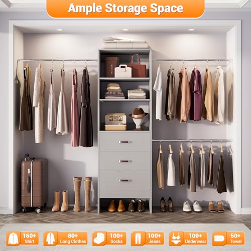 Homieasy 96 Inches Closet Organizer System, 8FT Customizable Walk In Closet Organizer with Hanging Rods, 3 Drawers Garment Rack with Leather Handle , 96" L x 16" W x 75" H, Max Load 1000 LBS, Grey - color: Grey