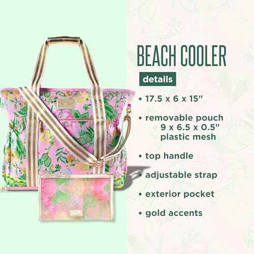 Lilly Pulitzer Pink Picnic Beach Cooler, Insulated Soft Cooler Bag with Adjustable Shoulder Strap and Zippered Top, Large for Groceries or Travel, Via Amore Spritzer