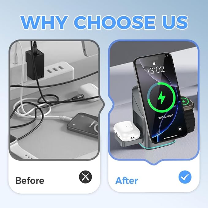 3-in-1 Wireless Charger-Wireless Multi-Device Charging Touch Pop-up Charging 2025 New Multi-Device Touch Pop-Up Charging Station Auto Rotation Magnetic Charging Stand (Black)