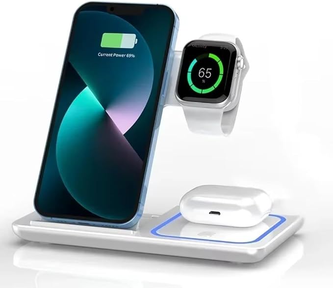 3 in 1 Wireless Travel Charger Stand Foldable Fast Charging Dock for iPhone 17 16 15 14 13 12 Pro Max iWatch S10~2 SE Ultra AirPods 4/3 Pro (White)