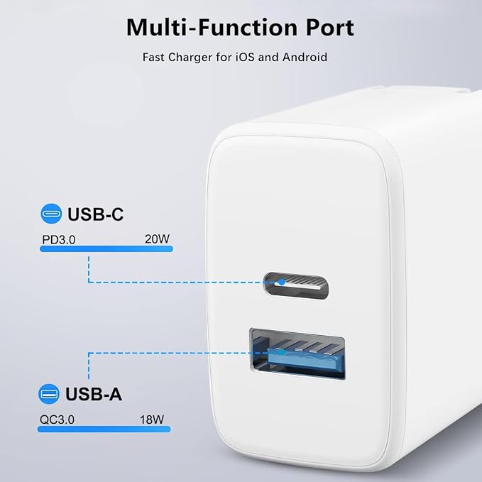 20W Dula Port USB C Fast Charger for iPad A16/10th Generation iPad Pro 13/12.9/11 inch iPad Air 13/11 inch/4/5th iPad mini iPhone Foldable Compact Charger with 6.6FT USB C Charging Cable
