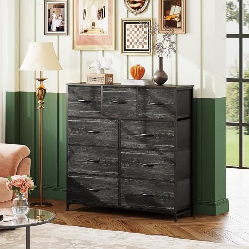WLIVE 9-Drawer Dresser, Fabric Storage Tower for Bedroom, Entryway, Closet, Tall Chest Organizer Unit with Fabric Bins, Steel Frame, Wood Top, Easy Pull Handle, Charcoal Black Wood Grain Print - color: Charcoal Black Wood Grain Print