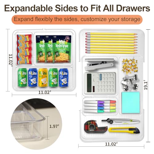 Expandable Drawer Organizer-Adjustable Shallow Tray, 11" to 19" Width,1.97" Height, Clear Plastic Storage for Bedroom, Living Room, Kitchen/Bathroom/Office/Cosmetic/Tools/Cutlery/Stationery