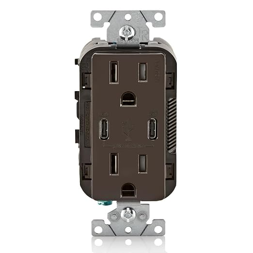 Leviton 30W (6A) USB Dual Type-C/C Power Delivery In-Wall Charger with 15A Tamper-Resistant Outlet USB Charger for Smartphones Tablets Laptops T5635-E Black
