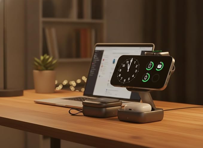 3-in-1 Foldable Wireless Charging Station - Magnetic Fast Charger Dock for 17/16/15/14/13 Ultra/10/9 AirPods Pro - Multi-Device Travel Stand