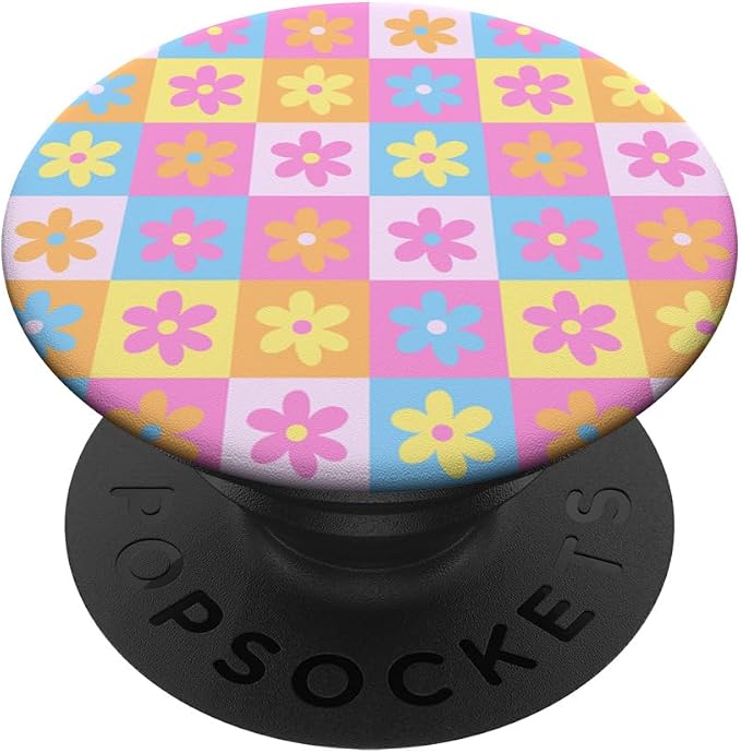 Aesthetic Checker Retro Groovy Flowers in Cream Peach colors PopSockets Adhesive PopGrip