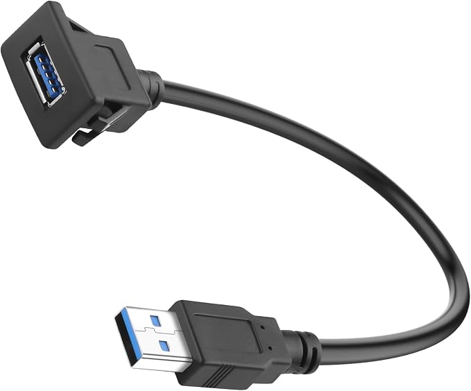 QIANRENON 5Gbps USB3.0 Square Snap on Mount Adapter Short Cable USB3.0 Male to Female Flush Fixed Mount Charging Data Connector Extension Cable 5V/2A for Desktop Dashboard Panel 30cm/11.8in