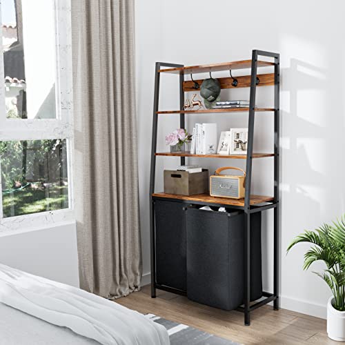 Furnulem 4 Tiers Laundry Hamper with Shelf and Hooks, Tall Laundry Basket Sorter with 2 Removable Bags, Double Clothes Hampers Organizers for Bathroom Bedroom - size: 2-Bag Laundry Hamper