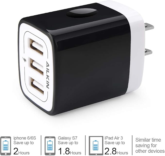 Wall Charger AILKIN 3.1A MultiPort Fast Charger Plug Travel Home Power Adapter Quick Charging Block Base Boxed for iPhone 15 14 13 12 11 10 8 7 Pro Max Mini Samsung Galaxy Pixel Kindle USB Brick
