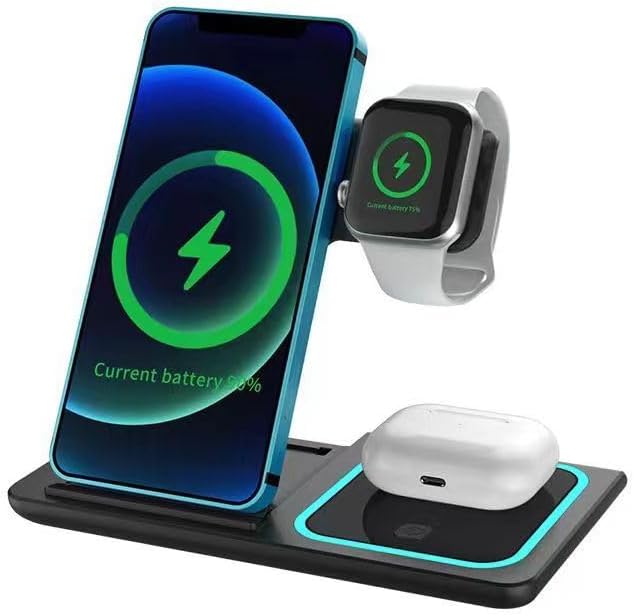3-in-1 Wireless Charging Station with a Foldable Charging Base Compatible with Multiple Devices Featuring a 15W Fast-Charging Adapter Suitable for iPhone Apple Watch(Black)
