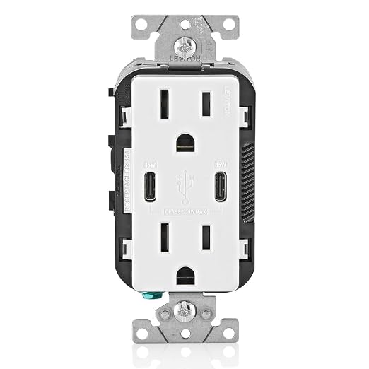Leviton Type A &amp Type-C USB In-Wall Charger with 20A Tamper-Resistant Outlet USB Charger for Smartphones and Tablets. Not for Laptops T5833-E Black