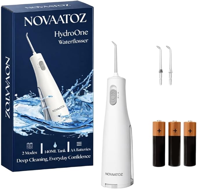 NOVAATOZ HydroOne Cordless Battery Operated Water Flosser for Teeth & Gums | Portable & Waterproof Oral Irrigator | 2 Pressure Modes | Travel Friendly
