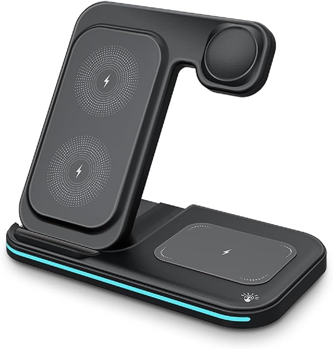 Foldable 3 in 1 Charging Station Dual Coil Wireless Charger for iPhone 17 Apple Watch Ultra 1-10 Charging Dock for Air. Pods (No A/C Adapter USB C to C Cord)