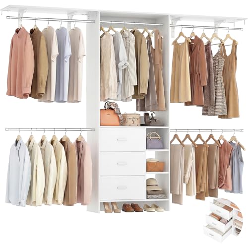 Aheaplus Closet System, Closet Organizer with 3 Wooden Drawers, 8FT Closet Organizer System, 96’’ Walk-in Closet Wardrobe Clothes Rack with Hanging Rods, Garment Rack, Fits 5.3-9 ft, -W3,White - color: White
