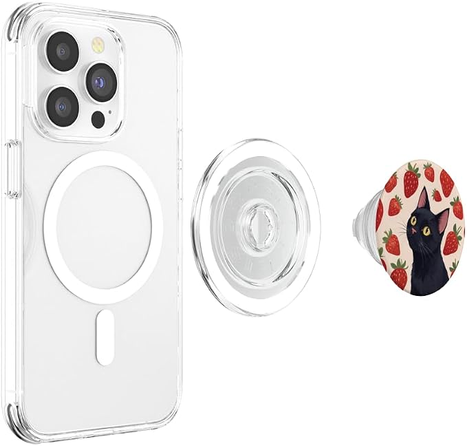 Beige Red Strawberry Black Cat Illustration Print PopSockets PopGrip for MagSafe