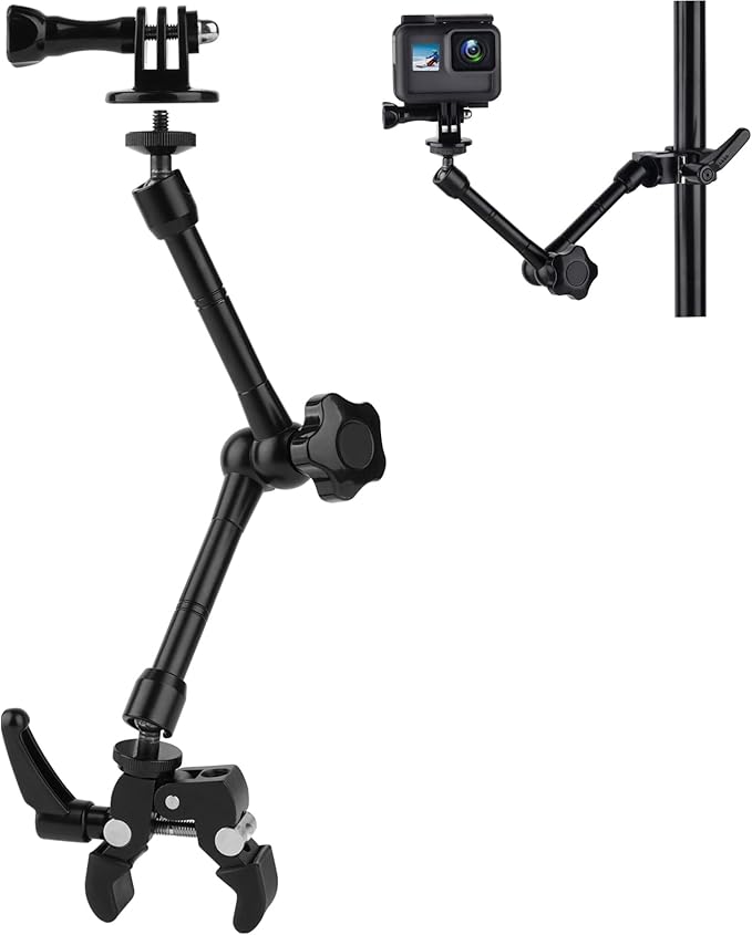 Mippko Camera Super Crab Clamp Mount,10" 360° Adjustable Aluminium Magic Arm Holder,1/4"-20 Thread for Video Light / Insta360 / Canon Nikon DSLR Cameras,Adapter for GoPro Hero 13/12/11/10/9/8/7/6/5