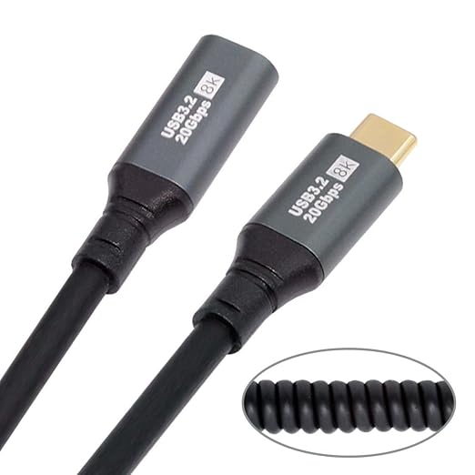 chenyang USB C to C Coiled Cable USB 3.2 Type C 90 Degree UP Angled 20Gbps PD 100W 8K@60Hz Data Fast Charging Cable 6ft