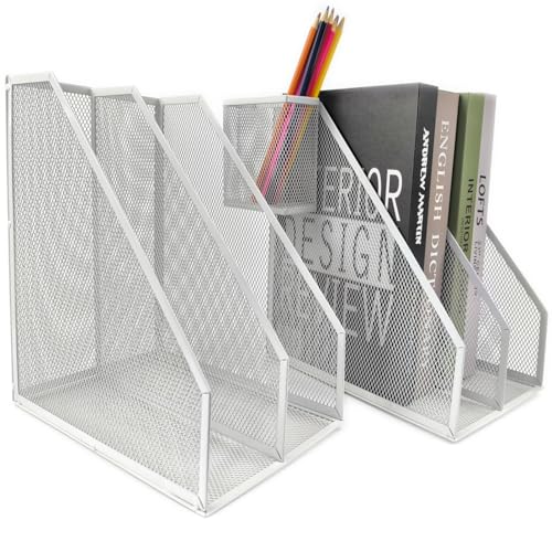 2 Set Desk Organizers, Metal Desk Magazine File Holder and 1 Pen Holder, 2 Compartments Mesh File Holder, Mesh Desktop Organizer and Storage (white) - color: 2 File Holder With Compartments white