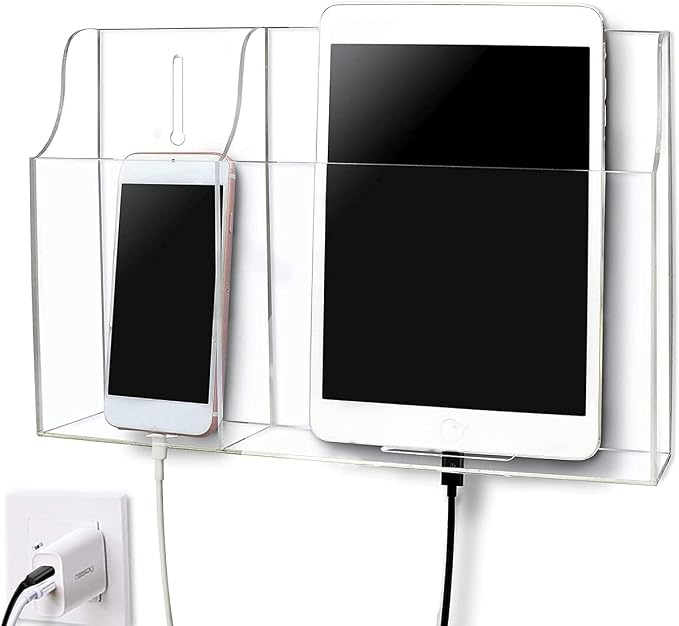 Clear Wall Tablet Holder Acrylic Wall Mounted Phone Holder for iPad Remote Control Holder Laptop Stand for eReader Storage Caddy with Charging Holes for Kindle iPhone