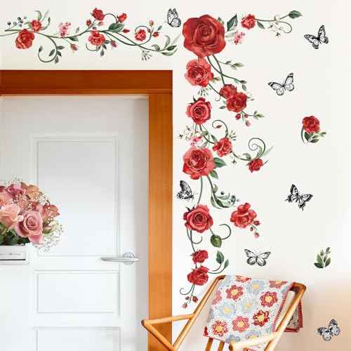 decalmile Red Rose Vine Wall Decals Flowers Butterfly Leaves Wall Stickers Bedroom Living Room Kitchen Wall Decor