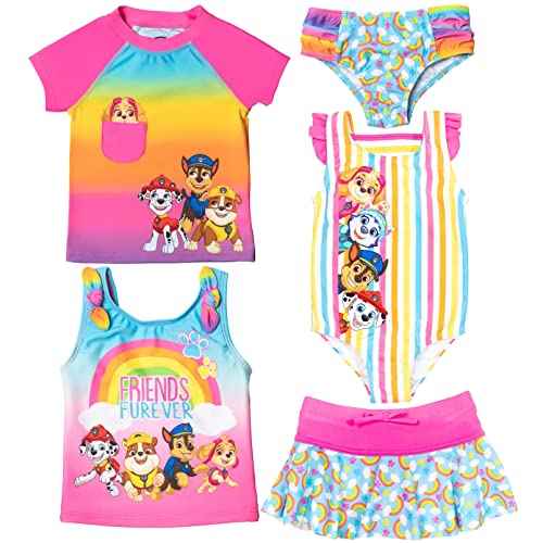 Paw Patrol Marshall Rubble Chase 5 Piece Swimsuit Set: One-Piece Swimsuit Swim Rash Guard Tankini Top Bottom Skort
